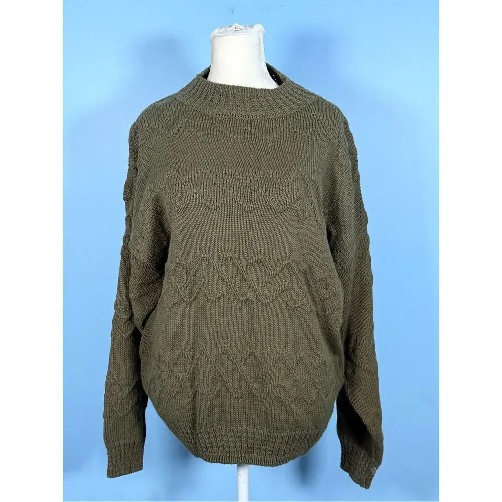 Vintage Jantzen Fisherman Cable Knit Mock Neck Sweater Womens XL Olive‎ 70s
